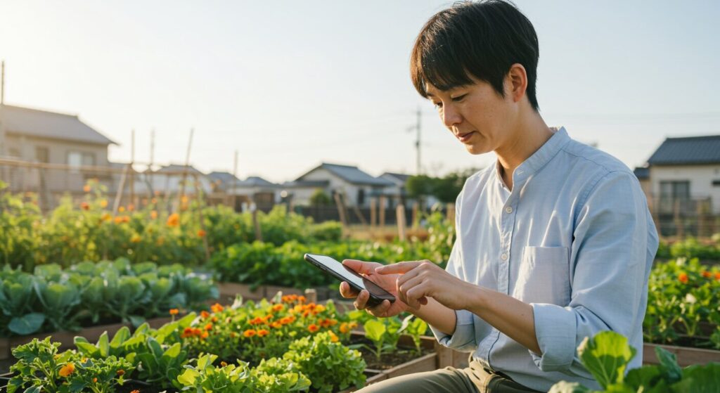 スマートフォンで家庭菜園の収穫状況をチェックしている男性
