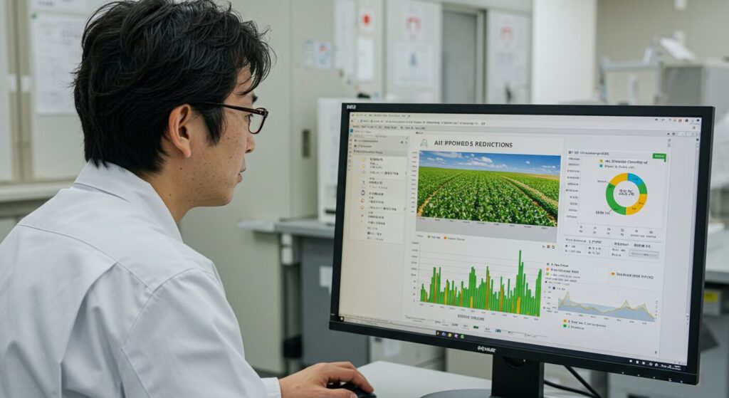 「AIが過去のデータから将来の収穫量を予測している」様子をパソコンのモニタでチェックする男性