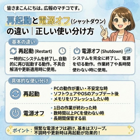 「再起動」と「電源オフ(シャットダウン)」の違い