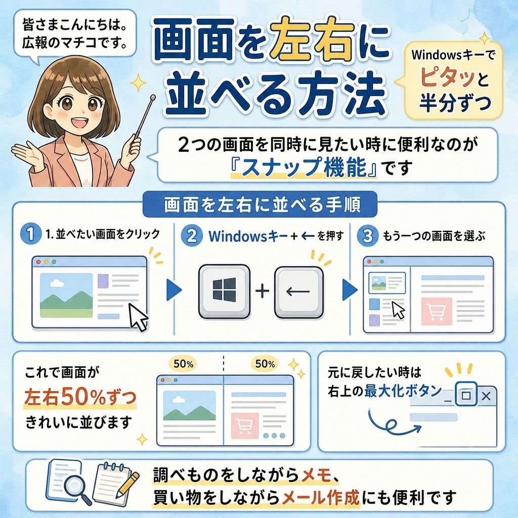 ボタン一つで画面をピタッと半分ずつに並べてくれる「スナップ機能」
