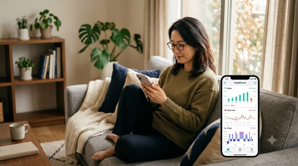スマートフォンで記録データを確認する様子