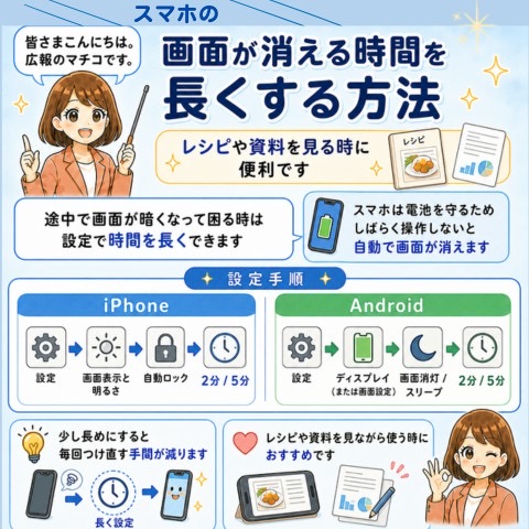 スマホの画面が消えるまでの時間を長くする方法